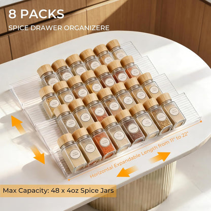 UFORU Acrylic Drawer Spice Organizer 4 Pack,Expandable 11‑22" Tray | Clear Tiered Spice Rack for Drawer,Seasoning Organizer,Hold Up to 24 Standard Spice Jars,No Assembly,Jars Not Included