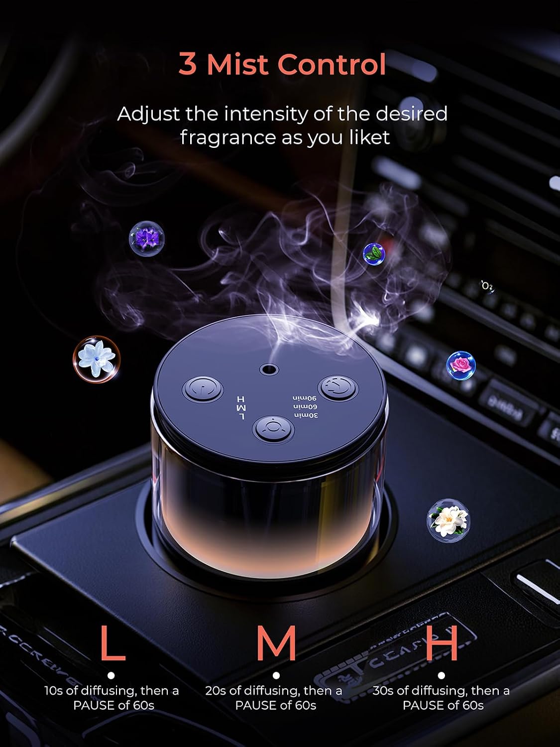 Battery Operated Waterless Diffuser – Portable Scent Machine for Car, Office & Bedroom, Ultrasonic Aroma Mist with 9 Color LED Light, Mini Essential Oil Diffuser Obsidian Black