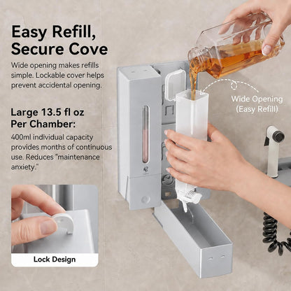 Shampoo and Conditioner Dispenser - Wall-Mounted 3-Chamber Shower Soap Dispenser, No-Drill, 1200ML Capacity, for Bathroom & Hotel