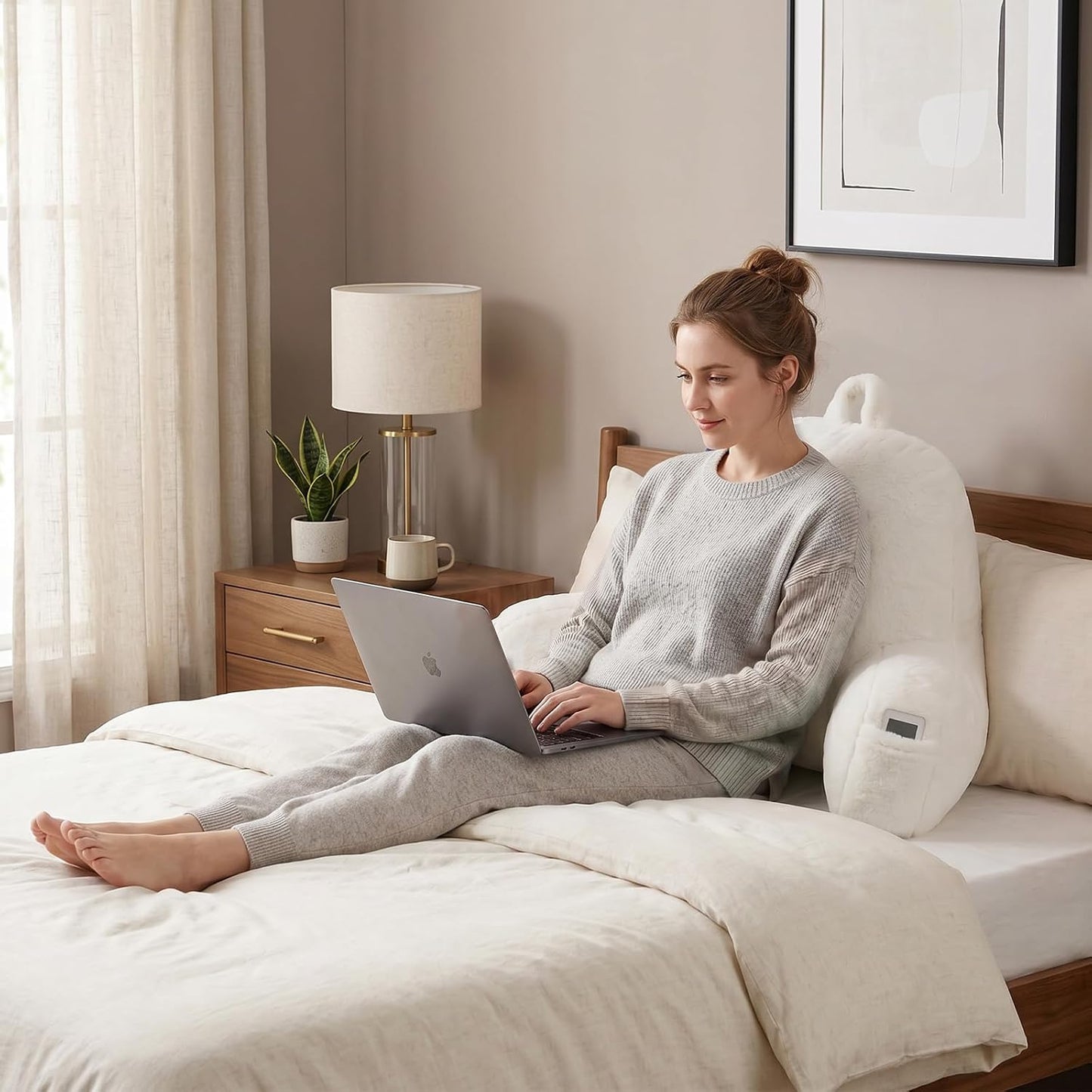 Reading Pillow with Arms for Sitting in Bed,Backrest,White Flannel,M | 17" Backrest Supports Back for College Students,Elbows & Forearms for Dorm Reading,Gaming,Watching TV
