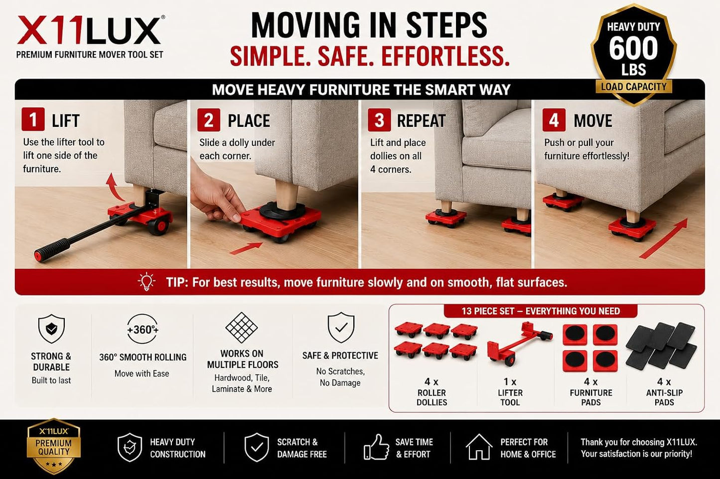 X11LUX - Furniture Moving & Lifting Tool Set, 360° Swivel Wheels, Lifter for Sofa, Cabinet, Washing Machine Appliances, Easy Moving Small Tool, Must Have for Home, Best for Hard Floor