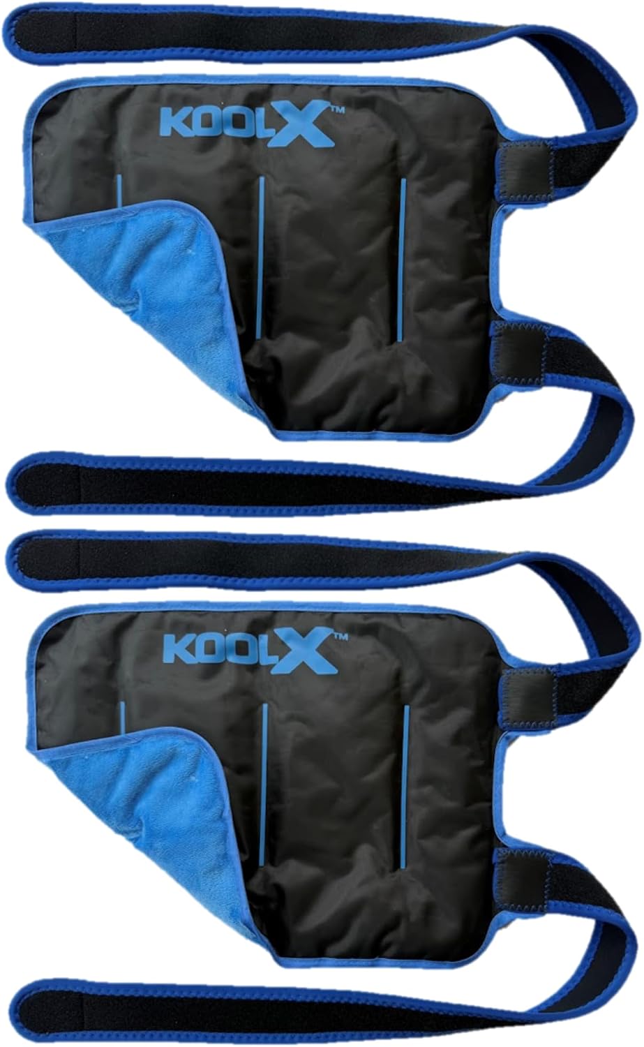 2 Pack KoolX Premium Gel Ice Packs for Injuries Reusable, Flexible Cold Wraps with Straps, Soft Plush & Nylon Sides, Extension Strap, Ice Pack for Knee, Back, Shoulder, Elbow & Calf - Medium + Large
