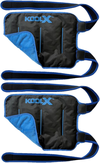 2 Pack KoolX Premium Gel Ice Packs for Injuries Reusable, Flexible Cold Wraps with Straps, Soft Plush & Nylon Sides, Extension Strap, Ice Pack for Knee, Back, Shoulder, Elbow & Calf - Medium + Large