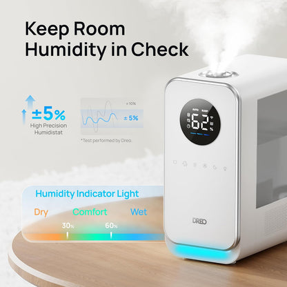 DREO Humidifiers for Bedroom, Top-filled Smart Quiet Cool Mist Humidifier for Large Room Home, Oil Diffuser & Nightlight, 50Hours Runtime for Indoor Plants, with Alexa/Google, White