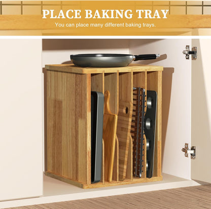 4 Tier Rubber Wooden Tray Dividers for Cabinets, Cookie Sheet Organizer | Heavy Weight, Premium Wood, Multiple Sizes, Saving Space, Vertical Tray Dividers for Storing pans, Baking tray, Cutting Board