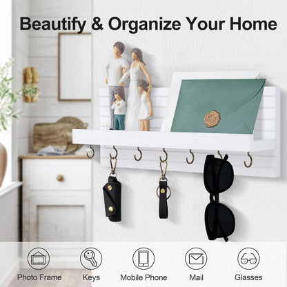 Lwenki Decorative Key Holder for Wall with Shelf, Entryway Shelf with Hooks Holds Leashes, Jackets and Glasses – Sturdy Wood Keyholder Entrance Hanger with Mounting Hardware (Black, Medium)