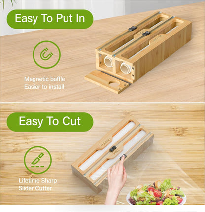 KOCWELL Bag Organizer and Plastic Wrap Dispenser with Cutter, 6 In 1 Bamboo Foil and Plastic Wrap Organizer for Kitchen Drawer, Food Storage Bag Organizer for Gallon,Quart,Sandwich,Snack(Yellow)