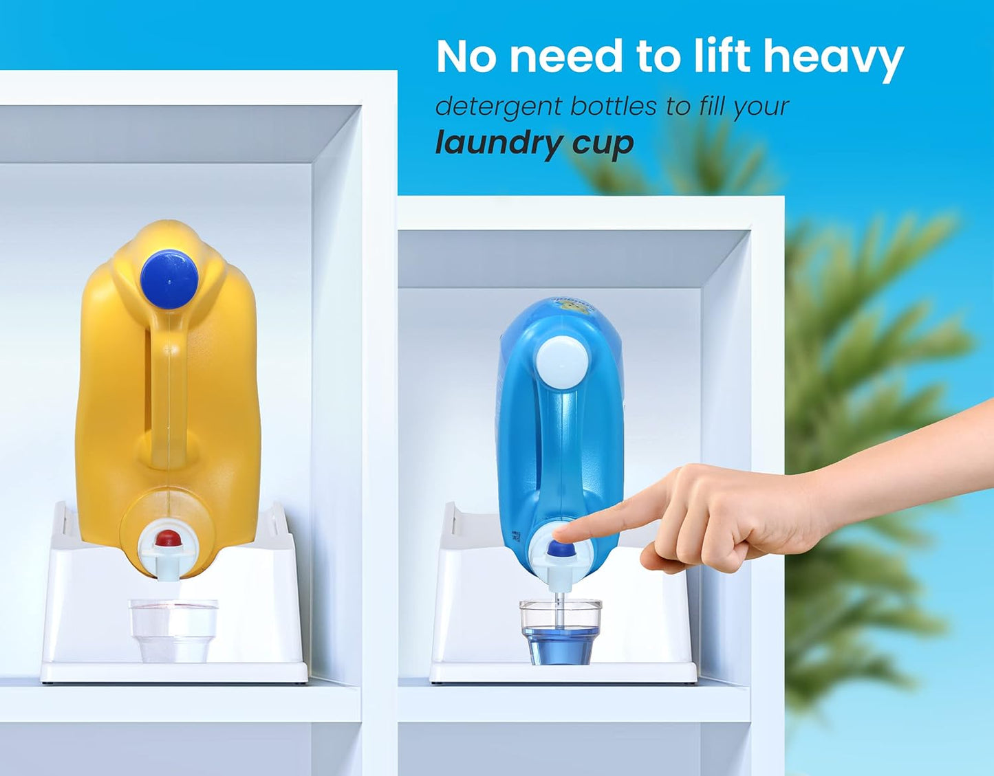 Liquid Laundry Detergent Holder Stand with Drip Tray - 1 Pack - White | Easy Pouring, Rubber Feet, Secure Strap, Angled Stand, Fabric Softener Dispenser for Laundry Room Organization & Storage