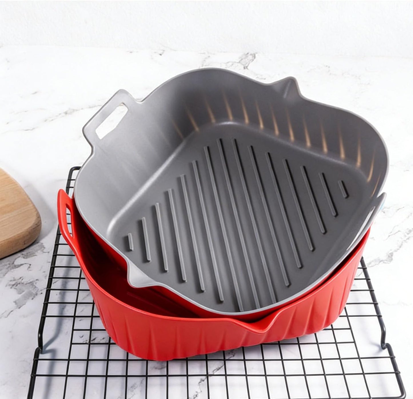 2 Pack Air Fryer Liners,8 Inch Silicone Airfryer Liners,Air Fryer Accessories,Reusable Baking Tray Oven Accessories,Replacement of Flammable Parchment Paper (Red Blue) (Black&Red&Blue)