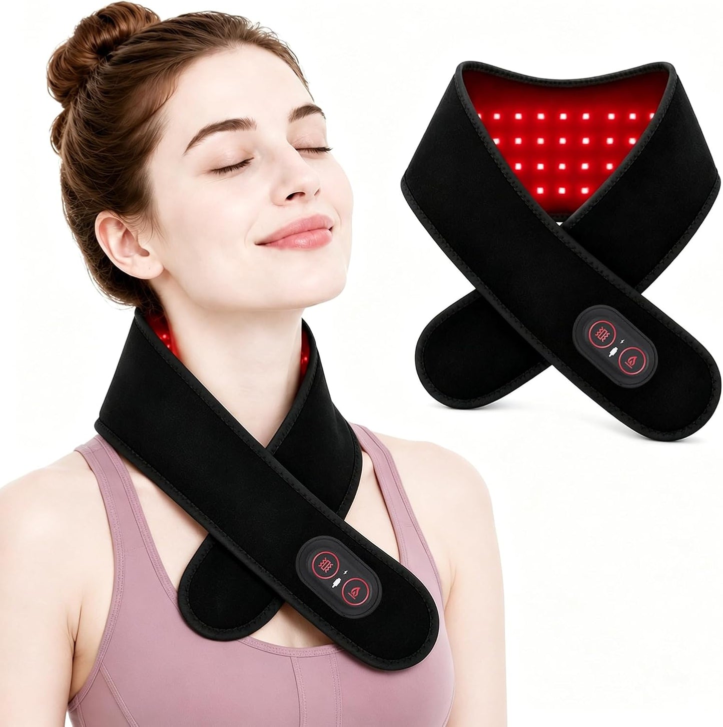 Cordless Neck Heating Pad with Red Light Technology, Neck Massager with 3 Heat Levels & Massage Modes, 3000mAh Rechargeable Heated Massager with 660nm 850nm Red Light, Black