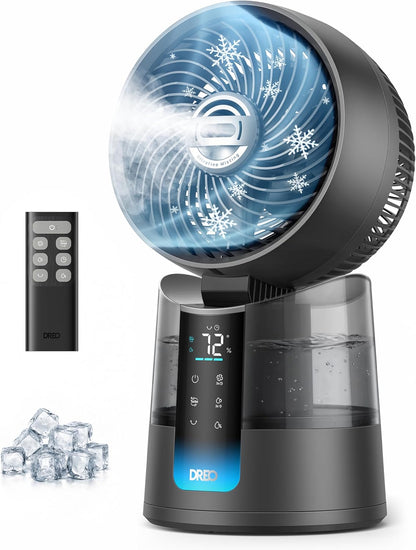 DREO TurboCool Misting Fan 516, 5℉ Drop Cooling Fans that Blow Cold Air | 150°+30° Omni-directional Oscillating, Evaporative air cooler, 26 ft/s Wind, Ultrafine Mist, 20dB, 6 Speeds 2 Modes, Grey
