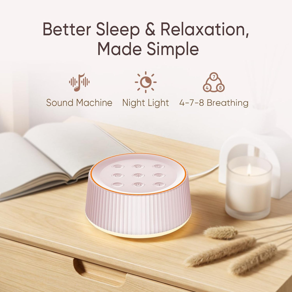 Noise Machine, White Noise Sound Machine for Baby & Adults, 26 Soothing Sounds, 8 Night Light Colors, Tap Control, 6 Timer Settings, Auto-Off & Memory, 4-7-8 Breathing (Black, Standar)