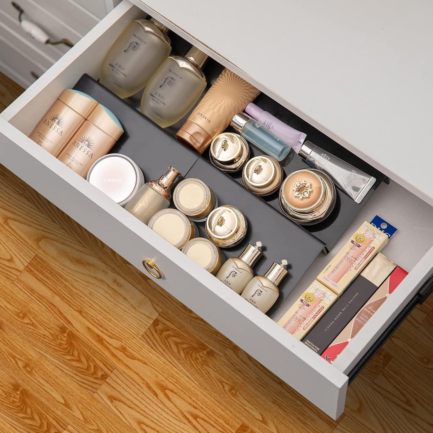 6PCS Expandable Spice Drawer Organizer Insert, Adjustable Tiered Countertop Tray for Spice Jars - Fits Kitchen Drawers (6, Black)