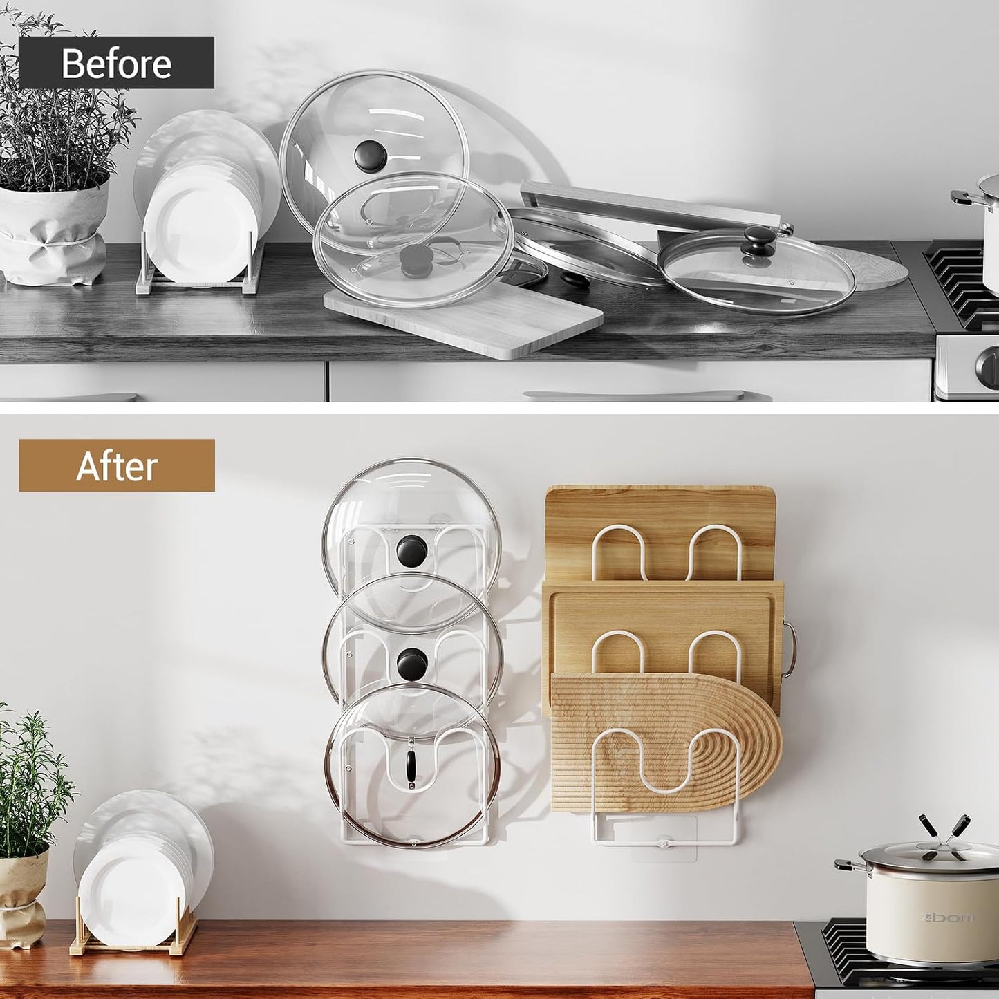 Pot Lid Organizer Rack for Cabinet Door, 2 Pack Pot Lid Holder White | 6-Tier Lid Racks for Cabinet Door/Wall, No Drilling Adhesive Mount, Rustproof, Fits Pot Pan Lid, Cutting Board & Cookie Sheet