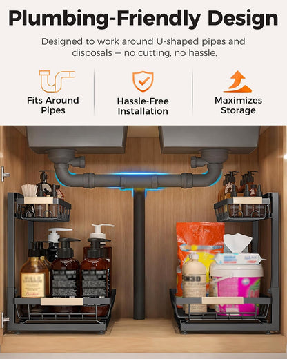 2-Pack 2-Tier Height Adjustable Under Sink Organizer & Storage | Multi-purpose storage for kitchen & bathroom cabinet. Large black shelf, height adjustable design for space-saving.