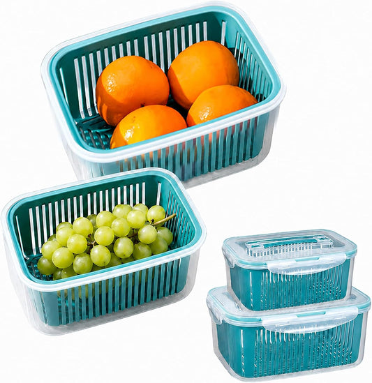 2 Pack Fruit Storage Containers for Fridge w/Removable Colander | 44oz+23oz - Stackable & Handle, Fresh Food Produce Saver Containers with Removable Colander, Vegetable Lettuce Keeper Bowl