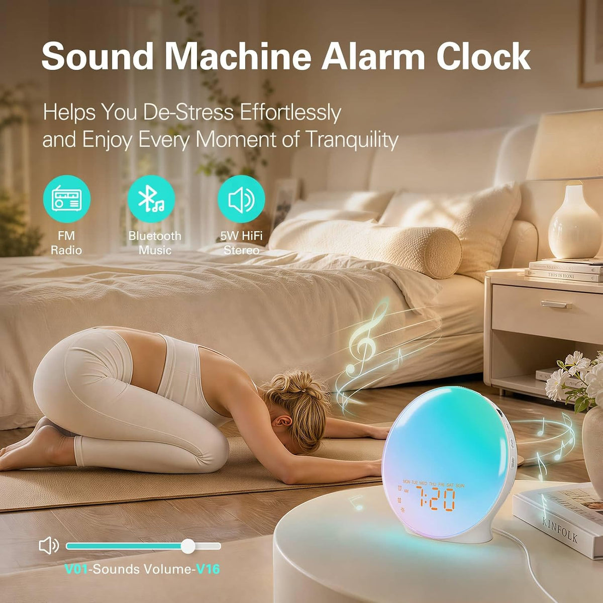 JALL Full Screen Dimmer Sunrise Alarm Clocks for Bedrooms, Wake Up Light with FM Radio, 25 White Noise Sleep Sounds, Bluetooth Speaker, Dual Alarms Bedside Clock for Heavy Sleepers