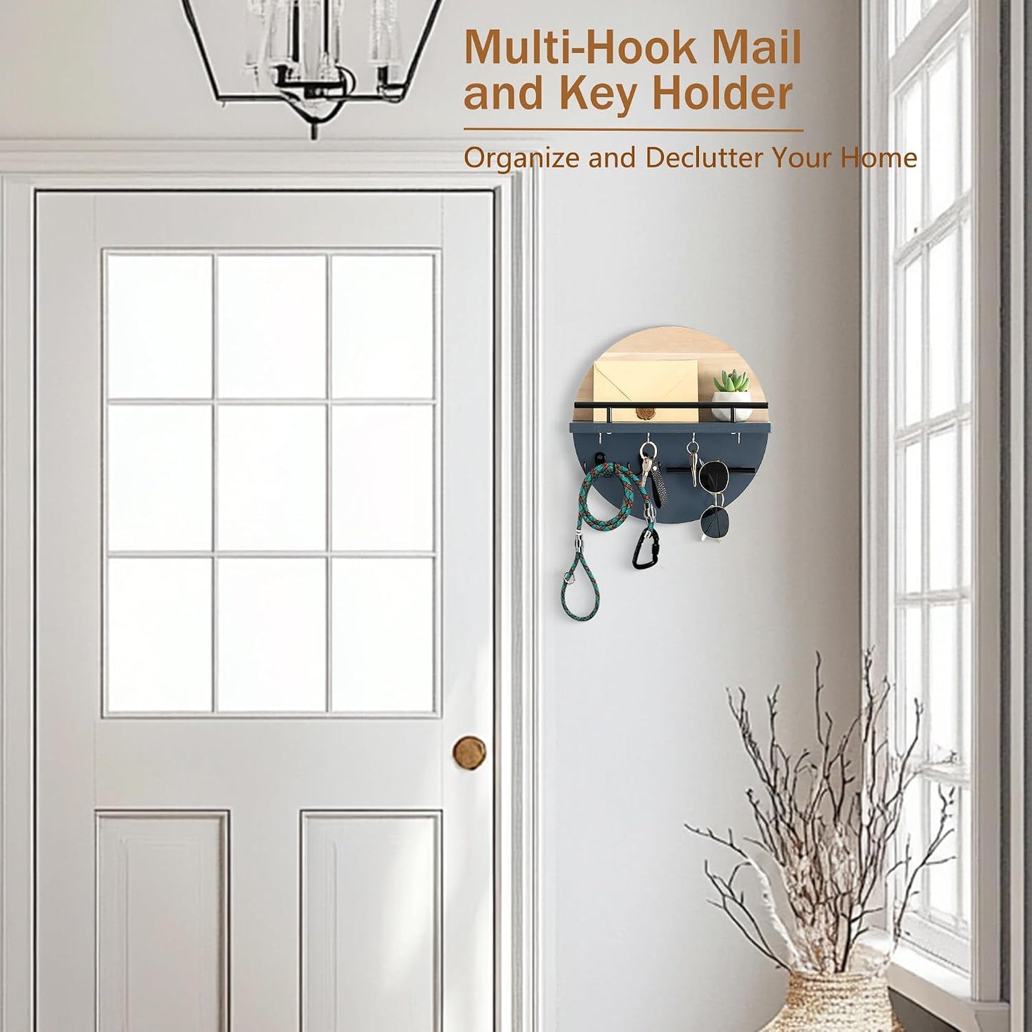Key Holder for Wall Decorative with Shelf and Hooks, Mail Organizer Wall Mount with Sunglasses Holder, Circular Design Entryway Key Rack Hanger, Rustic Home Decor Boho Wall Decor (White)