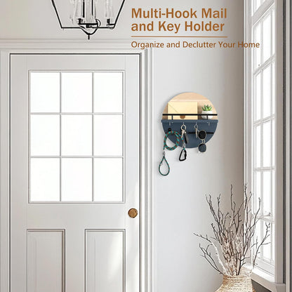 Key Holder for Wall Decorative with Shelf and Hooks, Mail Organizer Wall Mount with Sunglasses Holder, Circular Design Entryway Key Rack Hanger, Rustic Home Decor Boho Wall Decor (White)