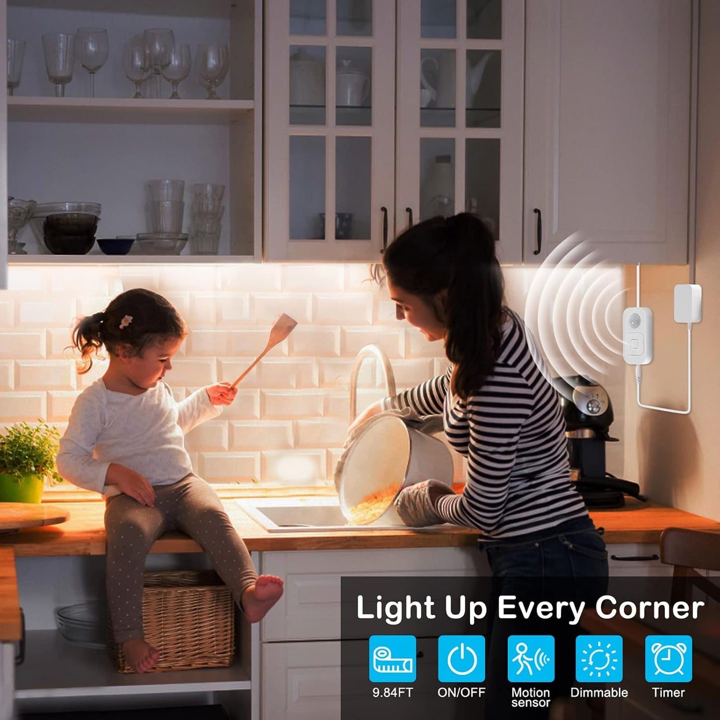 Motion Sensor Under Cabinet Lights - Plug-in LED Strip Lights Indoor with Power Adapter, Dimmer and Timer for Kitchen Cabinet, Counter, Shelf, Showcase, Stairway, Bedroom, Corridor, Washroom