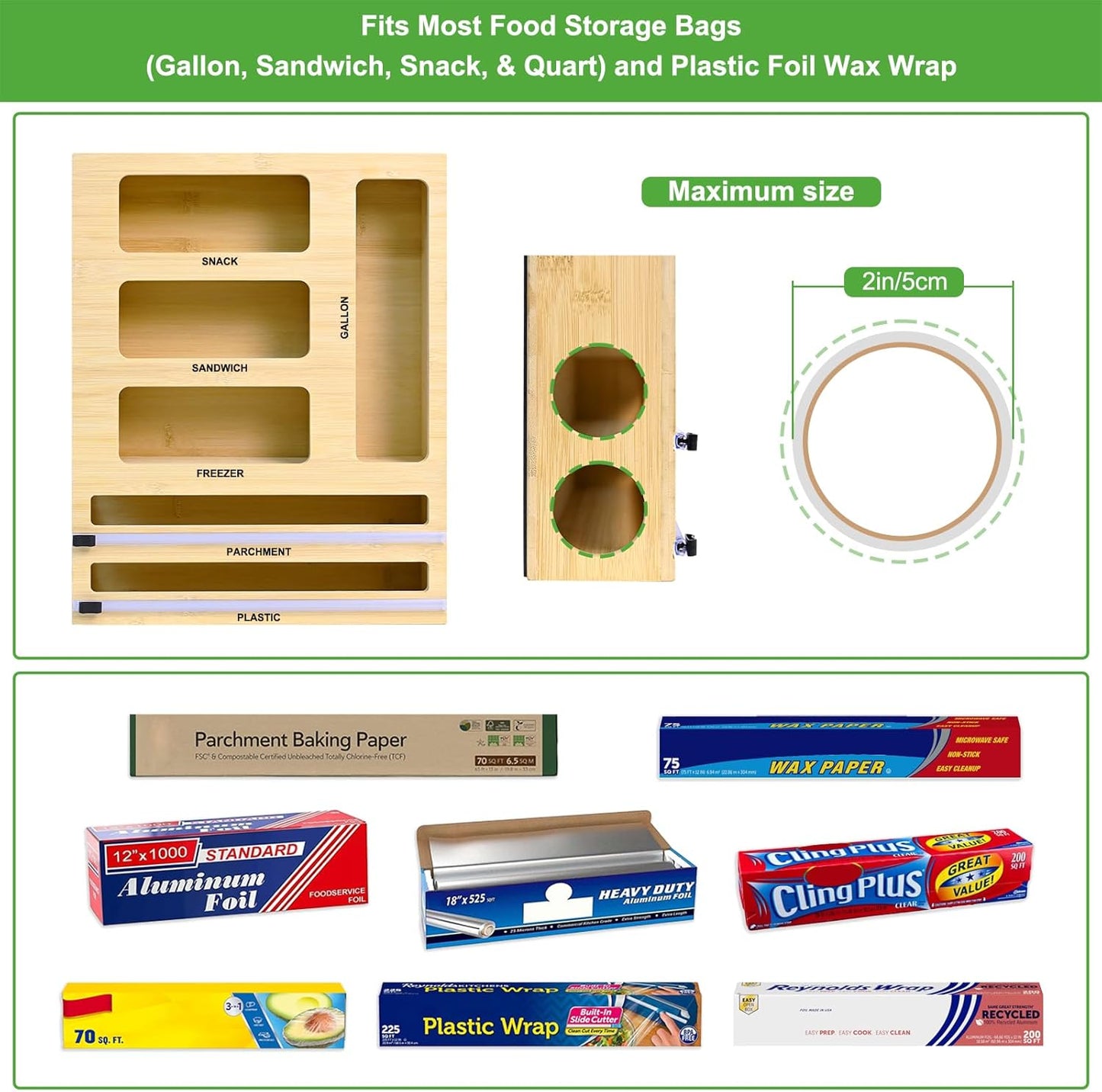 MSJGA Magnetic Plastic Wrap Dispenser with Cutter for Drawer&Refrigerator | 3 in 1 Fridge Bamboo Organizer for Tin Foil, Baking Paper, Wax Paper Holder Kitchen Storage Box Compatible,13" x 8.2" x 2.7"