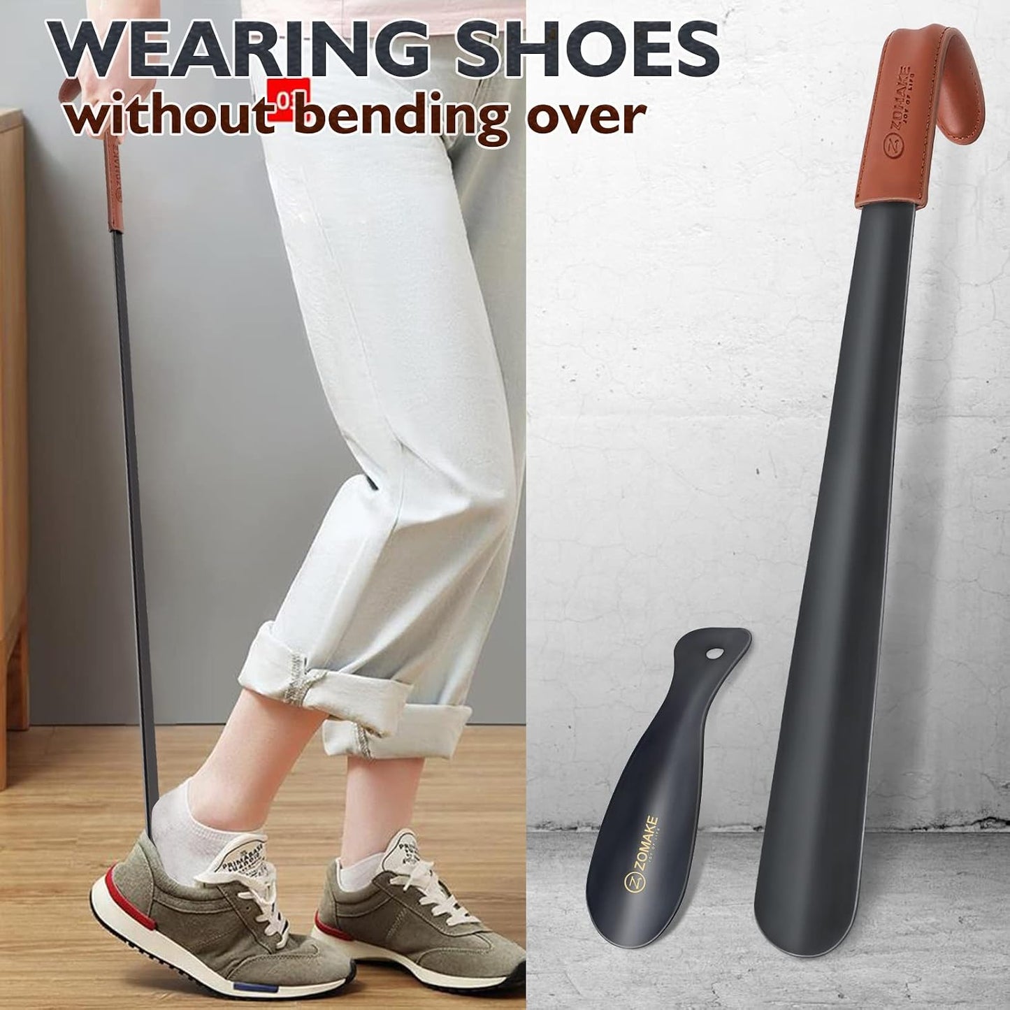 ZOMAKE Shoe Horn Long Handle for Seniors Men Women, Metal Shoehorn 2Pack | 16.5" Long Boot Horn, Travel Small Shoe Spoon Helper 7.5", Sturdy Stainless Steel, Anti-Slip Leather Grip, Shoe Protection