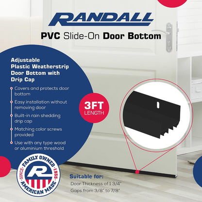 PVC Slide-On Door Bottom | Adjustable Plastic Weatherstrip Door Bottom with Drip Cap | 3 Feet (36-Inch) | for 1 3/4” Doors | White | Fits Gaps 3/8” to 7/8” | Made in the USA