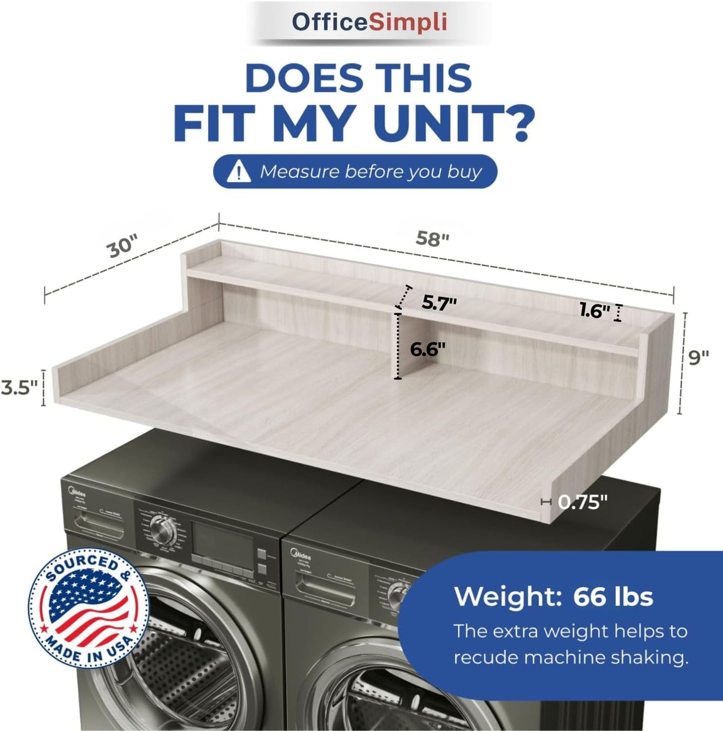 OfficeSimpli Washer Dryer Countertop, Shelf, Made in USA, 30x58 Rustic Oak | Non-slip pads stabilise the surface while the raised edge helps stop socks and supplies falling behind.