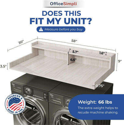 OfficeSimpli Washer Dryer Countertop, Shelf, Made in USA, 30x58 Rustic Oak | Non-slip pads stabilise the surface while the raised edge helps stop socks and supplies falling behind.
