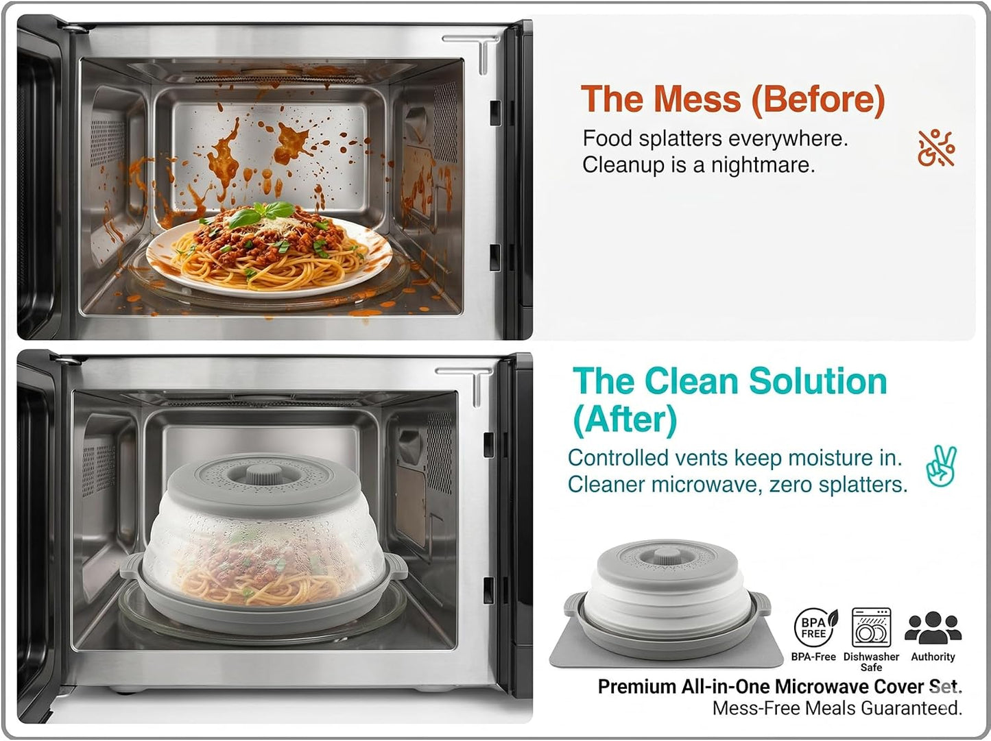 Microwave Cover for Food, 2-in-1 Microwave Splatter Cover with Anti-Scald Base Plate, Collapsible Microwave Food Cover for Reheating & Meal Prep, Magnetic Microwave Splatter Cover Alternative