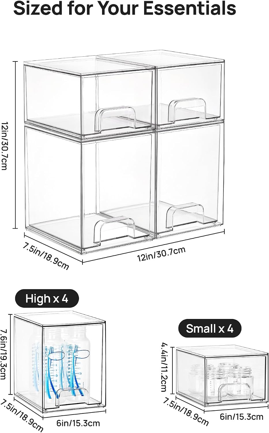 Vtopmart Clear Stackable Storage Drawers Set of 6, Plastic Organizer Bins | Multi-purpose Boxes for Bathroom Accessories Storage, Ideal for Cabinet, Shelf, Pantry, Laundry Room Organization