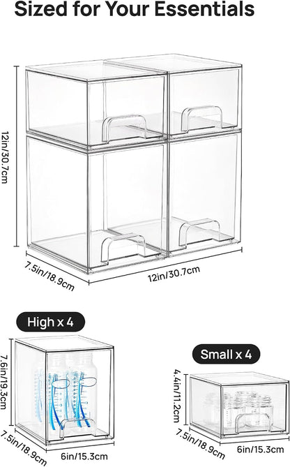 Vtopmart Clear Stackable Storage Drawers Set of 6, Plastic Organizer Bins | Multi-purpose Boxes for Bathroom Accessories Storage, Ideal for Cabinet, Shelf, Pantry, Laundry Room Organization