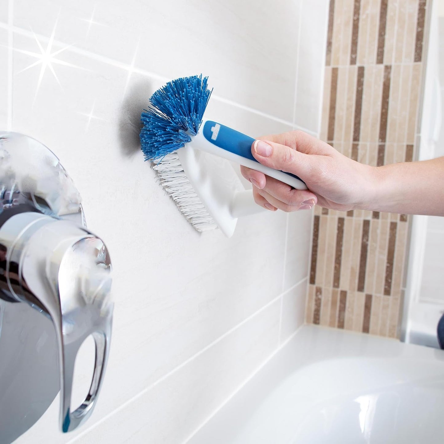 Unger 2-in-1 Grout and Corner Scrubber Brush Tool, Crevice Bathroom Cleaning Supplies for Showers, Door Tracks, Tile, and Bathtubs, Household 360-Degree Scrubbing Power