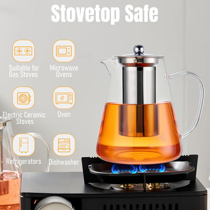 Baalaka Glass Teapot 18.6oz/550ml, Tea Pot with Removable Infusers for Loose Tea, Borosilicate Glass Tea Kettle Tea Maker Stovetop for Camping, Tea Infuser for Loose Leaf Tea Travel | Borosilicate glass tea kettle with infuser; steel strainer for loose