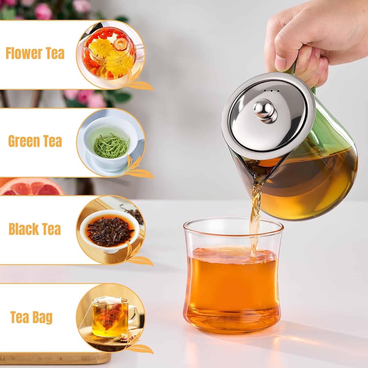 PARACITY Glass Teapot Stovetop 22 OZ/650ml, Tea pot with Removable 18/8 Stainless Steel Infuser, Borosilicate Clear Tea Kettle, Teapot Blooming and Loose Leaf Tea Maker Tea Brewer for Camping, Travel | Clear small tea kettle with infuser and tea pot with