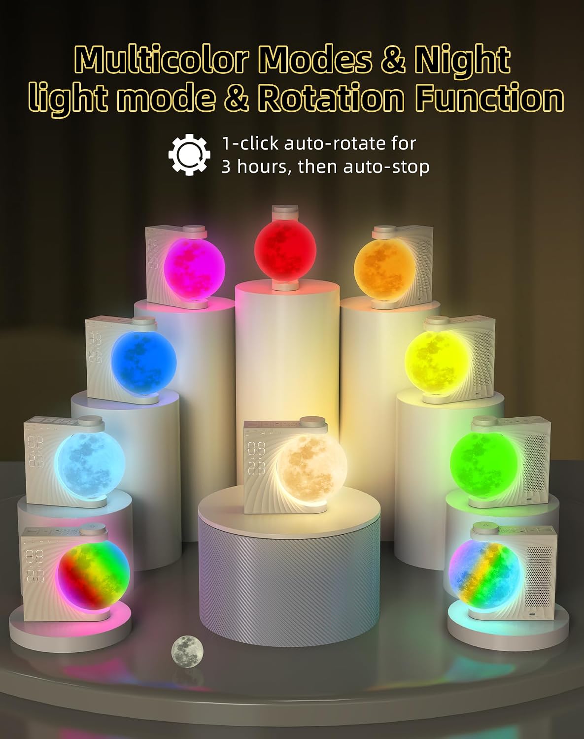 Sunrise Alarm Clock for Bedrooms - Auto-Rotating Moon Lamp with Wake-Up Light & Night Light, 10 Nature Sounds, Dual Alarms for Heavy Sleepers, 30/60/90 Timer & Snooze