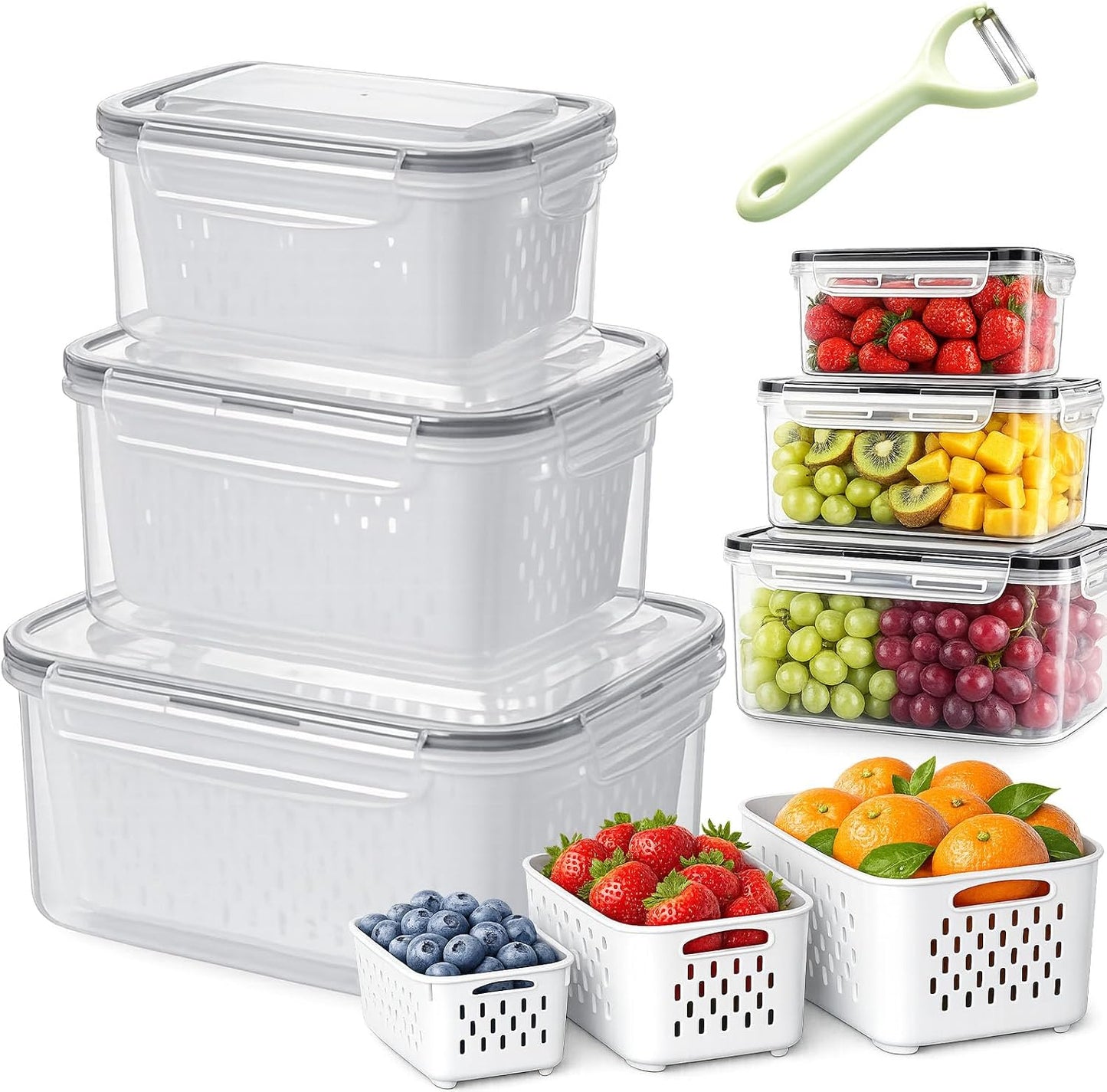 Fruit Storage Containers for Fridge, 4-in-1 Leakproof Produce Saver with Removable Colander, Berry Keeper & Lettuce Organizer Keep Vegetables Fresh Longer - Wash, Drain & Store (Blue,S)