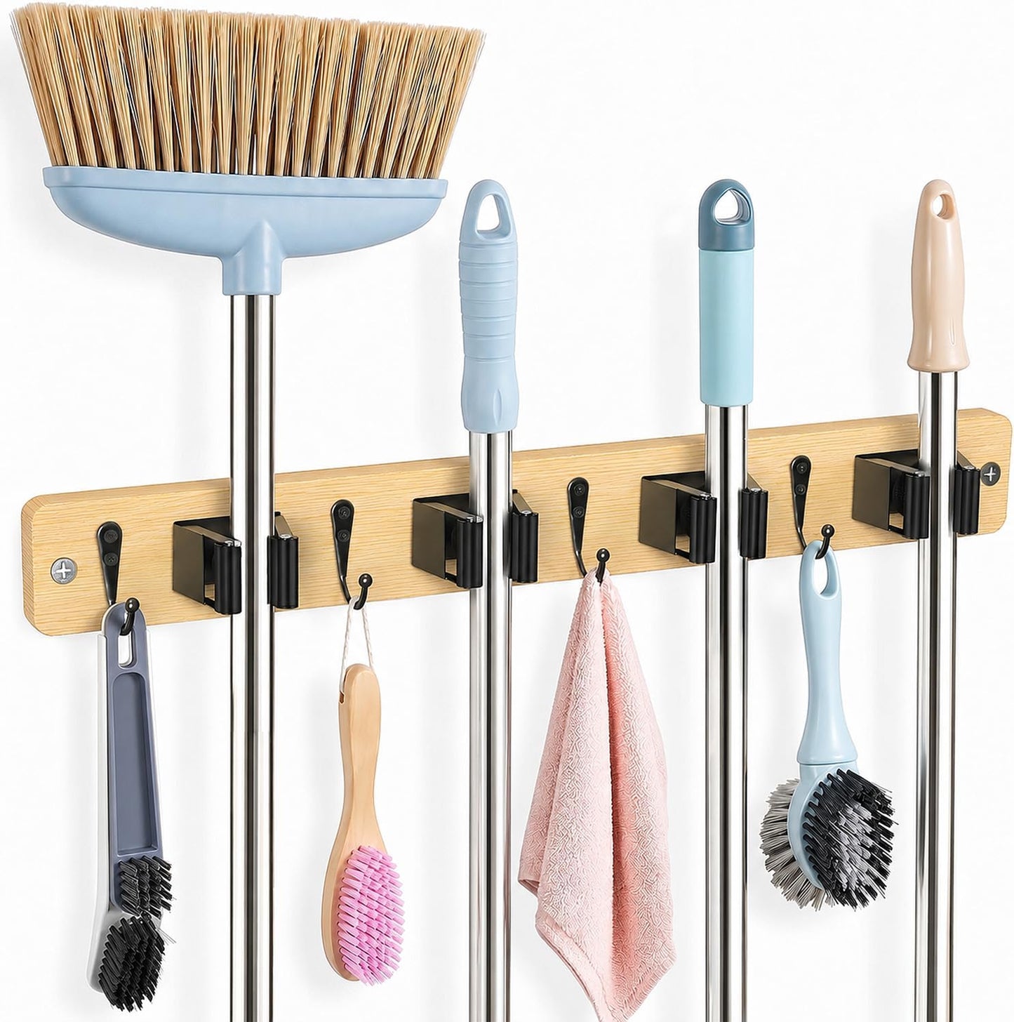 Broom Holder Wall Mount, 4 Holders 4 Hooks Mop and Broom Organizer | Mop Holder Wall Mount and Broom Hanger for Garage, Laundry Room, Kitchen and Utility Storage