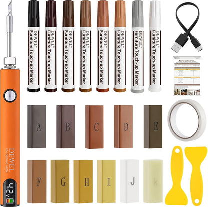 DEWEL Wood Furniture Repair Kit, New Upgrade Wood Fillers, Furniture Touch Up Markers, Wax Sticks, Wood Putty with Beeswax for Cracks, Wood Hole, Scratches, Floor, Table, Door