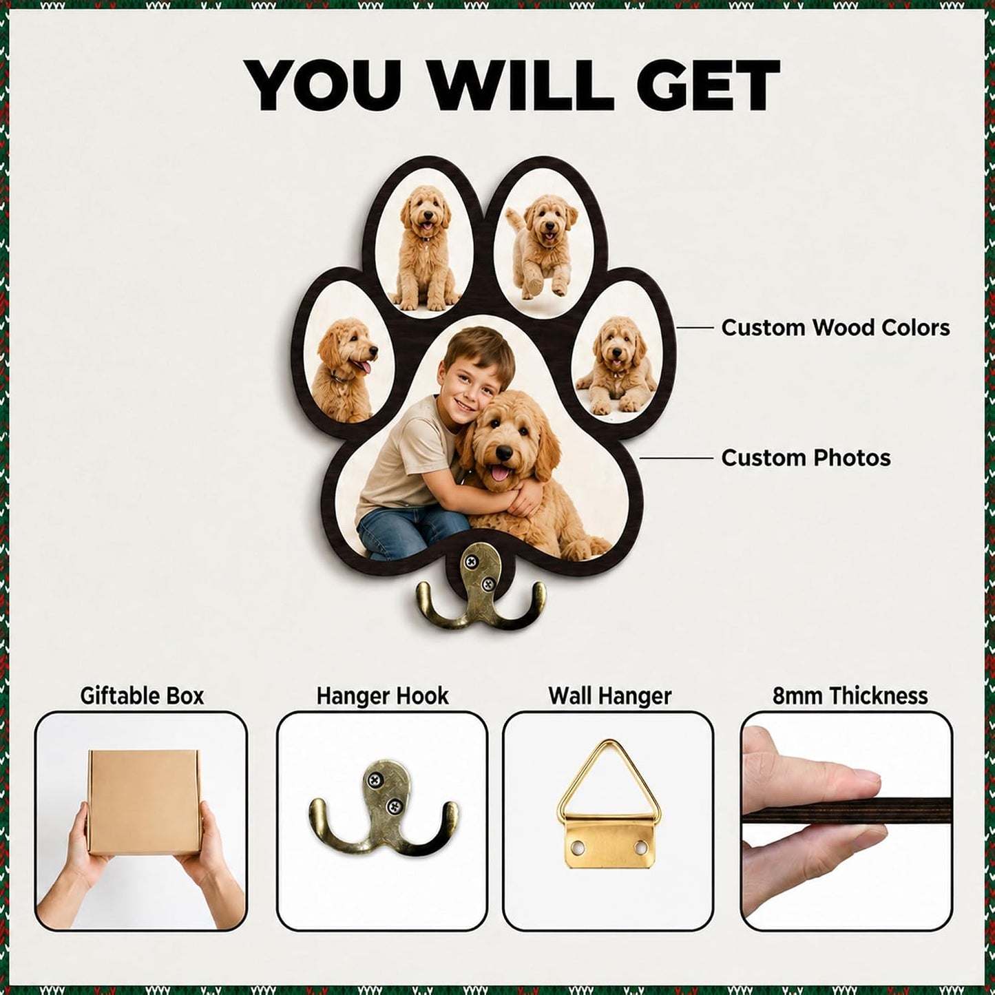 Dog Leash Holder Wall Mount, Pet Harness Hanger with Scrabble Letters, Dog Collar Organizer for Entryway, Memorial Cat Leash Holder for Wall, Pet Loss Gifts, Keepsake, Home Decor PF212-NAT