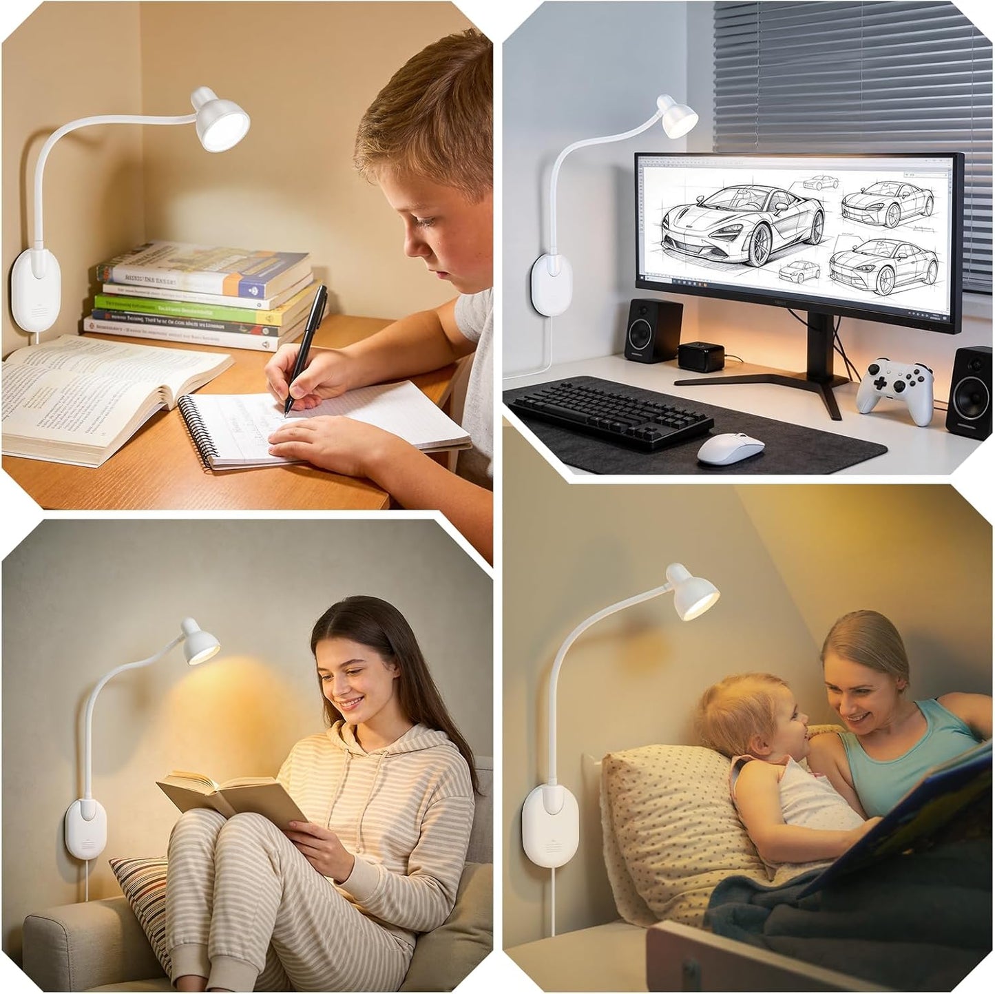 Wall Mounted Reading Light, LED Wall Bedside Lamp with Adapter, 5 Color & 10 Brightness, Plug-in Adhesive Wall Reading Lights for Books in Bed, Auto-Off Timer Wall Lights for Bedroom Headboard Black