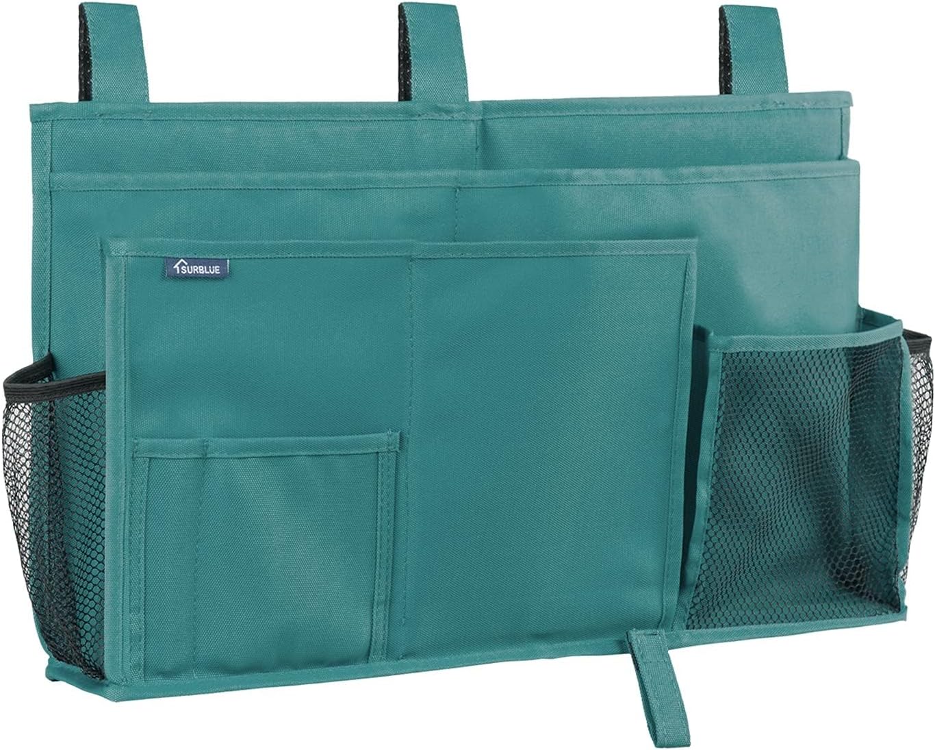Surblue Bedside Caddy Hanging Organizer Storage Bag Pocket for Bunk, Hospital, College Dorm Rooms, Baby Bed Rails, Camp - 4 Pockets, 2 Hooks (Blue)