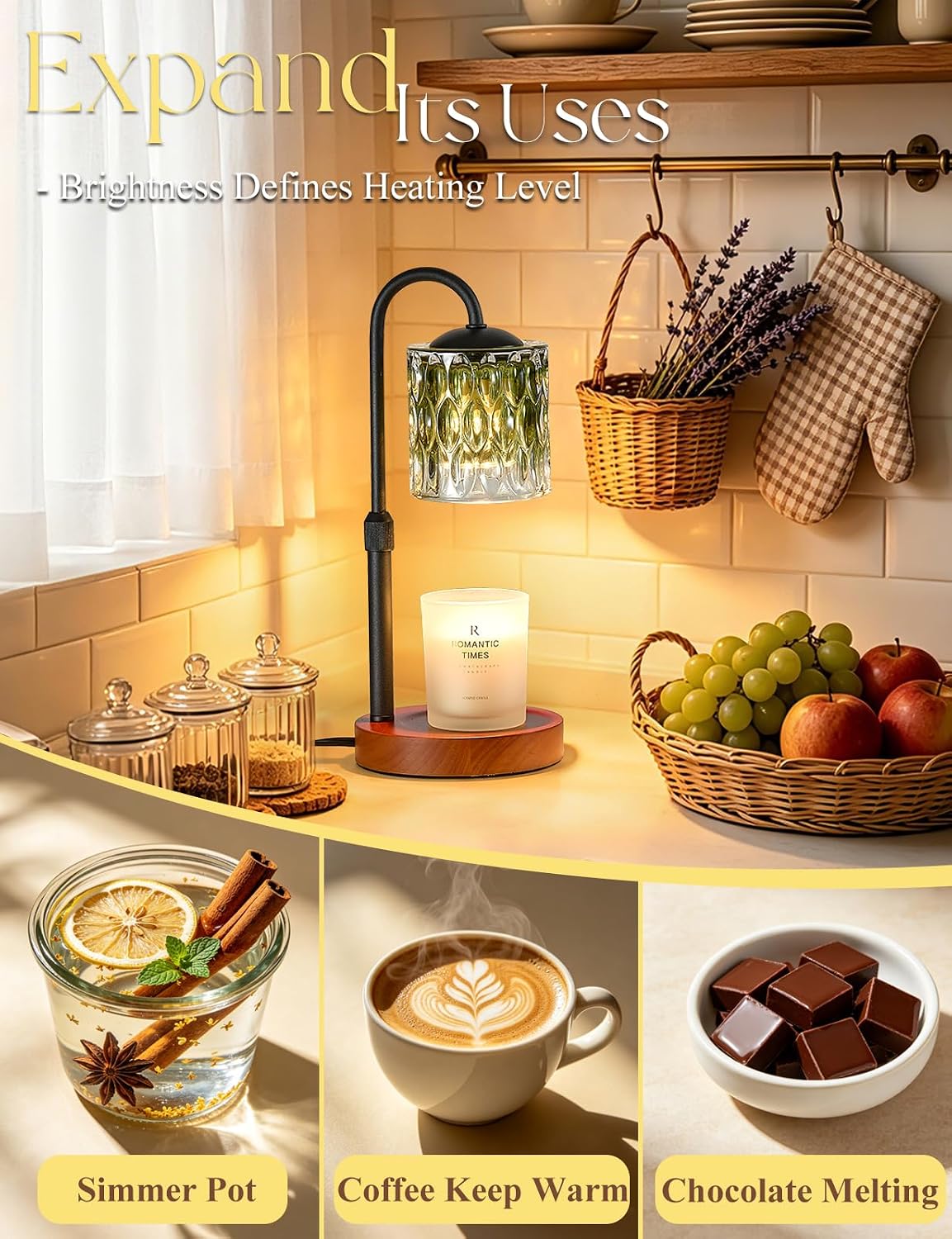 Briever Dimmable Candle Warmer Lamp with Timer, Height Adjustable Electric Candle Wax Warmer, Christmas Birthday Gifts for Women Mom, House Warming Gifts New Home Room Decor, Black Solid Wood Base