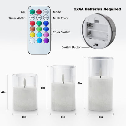 Battery Operated Flameless Candles with Remote & Timer, Gold Glass 3Pack | Real Wax Crystal Texture, D3×H4/5/6", 2/4/6/8H Timer, Dimming, Flickering Realistic LED Candles for Wedding Table Decor