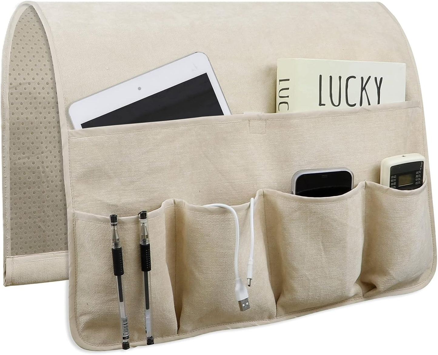 Remote Control Holders for Armchairs, Couch Caddy, Featuring Non-Slip Bases | 5 Pockets Bedside Storage Pocket for TV Remote Holder, Phone Tablet Kindle, Magazines, Gifts for Seniors (Beige, 35"X12.4")