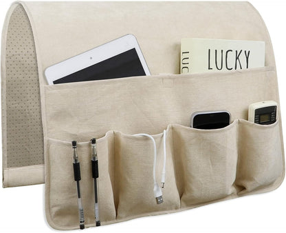 Remote Control Holders for Armchairs, Couch Caddy, Featuring Non-Slip Bases | 5 Pockets Bedside Storage Pocket for TV Remote Holder, Phone Tablet Kindle, Magazines, Gifts for Seniors (Beige, 35"X12.4")