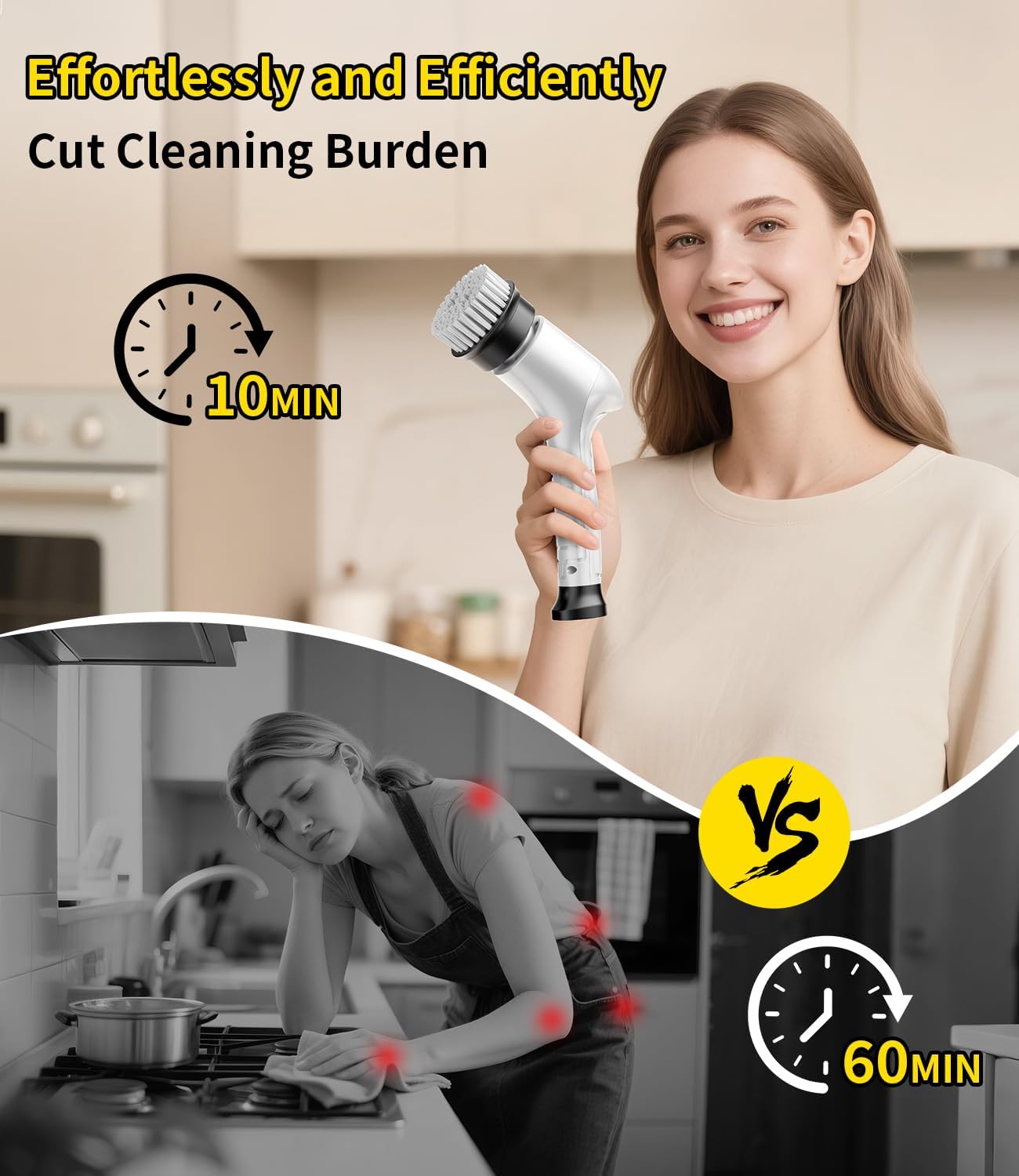 Electric Spin Scrubber, Cordless Household Cleaning Brush with 6 Replaceable Heads, 3 Speeds, LED Display, Lightweight Handheld Power Scrubber for Cleaning Stove/Bowl/Sink/Corner/Tile/Grout-Black