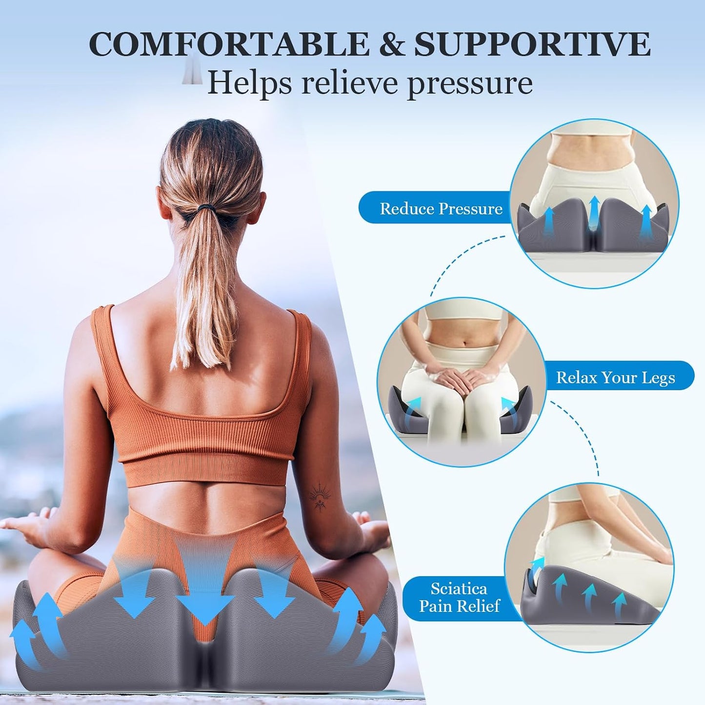 Coccyx Seat Cushion, U-Shaped Memory Foam Office Chair | High-Density Memory Foam Helps Reduce Tailbone Pressure; Washable Mesh Cover, Anti-Slip Base for Office Chair, Car & Travel