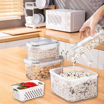 3Pack Fridge Food Storage Container Set with Lids with Strainer, Fruit Vegetable Storage Containers Keep Fruits, Vegetables, Berry, Meat Fresh longer, BPA-Free Plastic Produce Keepers