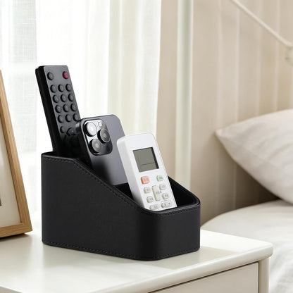 Remote Control Holder, Small Desk Organizer TV Remote Caddy, Black | PU Leather 3 Compartments Remote Holder, Remote Organizer Nightstand Organizer for Couch Bedside Living Room Office